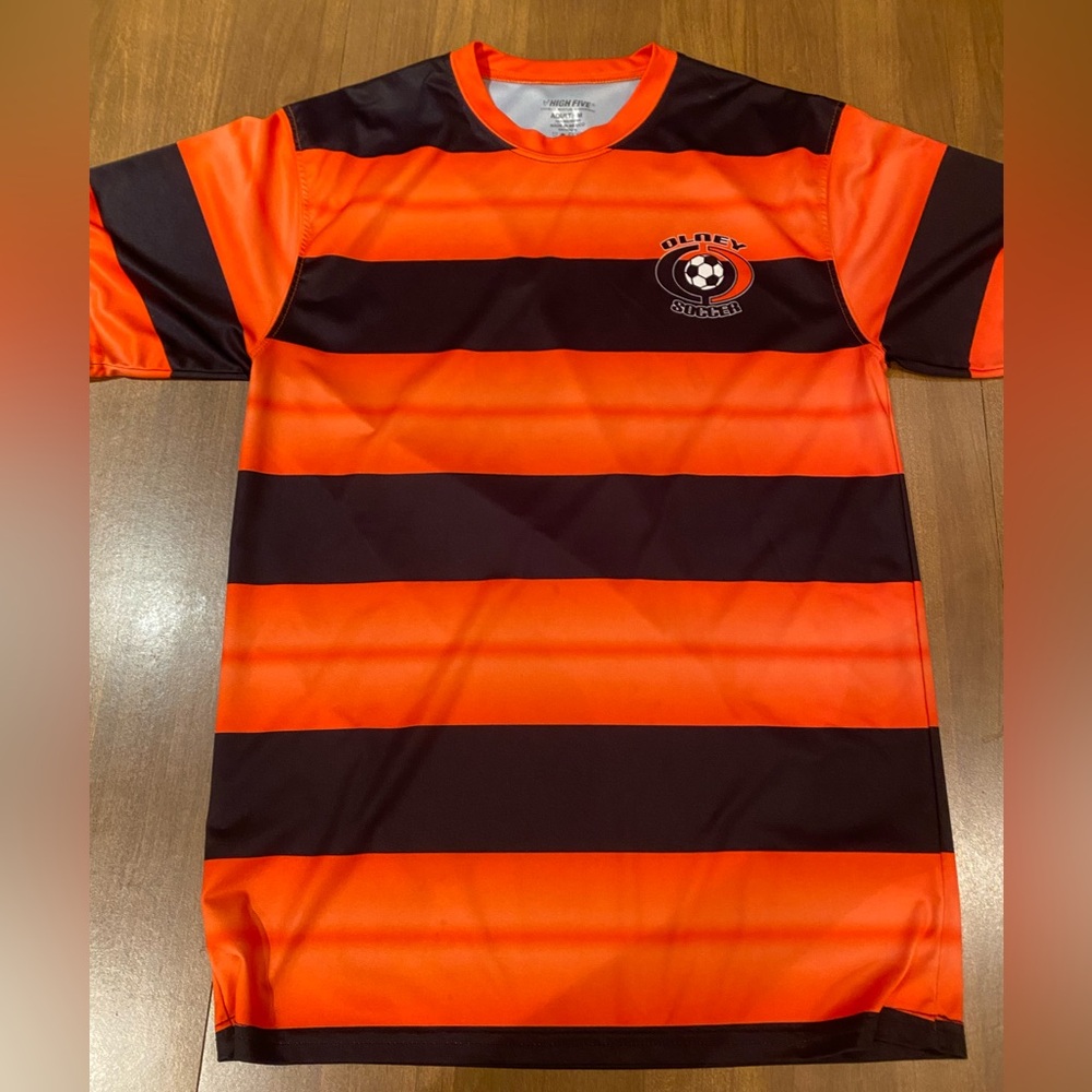 High Five Olney Soccer Orange/Black Striped Jersey #24 - Adult Medium